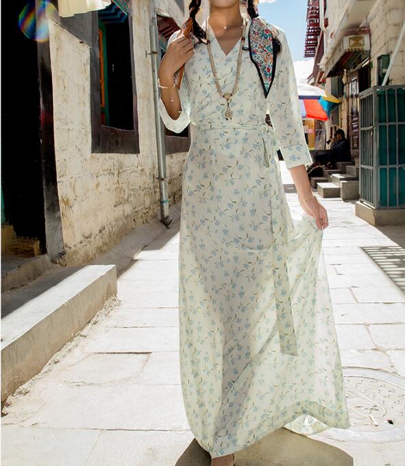 Women Summer Long sleeve dress Chinese Tibetan style Chiffon Floral