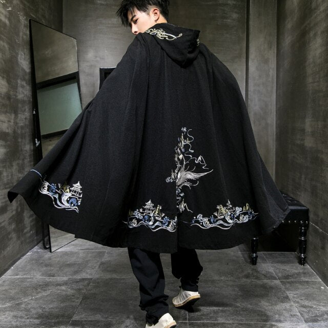 Herrenbekleidung im chinesischen Stil, mittellanger Umhang, bestickter Daopao Hanfu-Kapuzenmantel, magischer Umhang, Aura-Feld, schwarzer Mantel