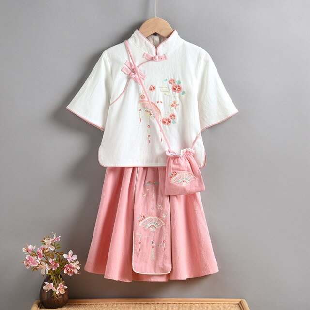 Retro Girls Clothes Sets Baby Kids Cheongsam Embroidery Tops Skirts Spring Children Clothing with Purse White Pink