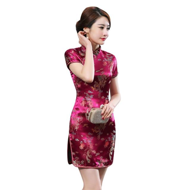 Cheongsams summer dress Women Chinese Dragon Phoenix Embroidery High Neck Short Sleeve Split Mini Dress dresses for women 2021