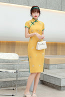 Chinese National Cheongsam Embroidery Cotton Dress Handmade Button Vintage Women Dresses Sexy Pink Qipao