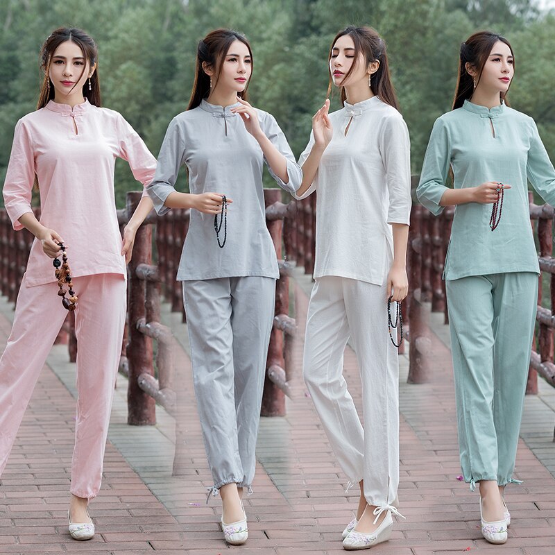 2021 estilo chino mañana ejercicio kung fu uniforme mujer yoga traje multicolor cuello mandarín color puro transpirable tang traje