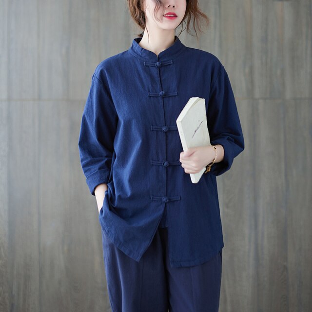 2021 chinesischer Hanfu-Anzug aus Baumwolle und Leinen für Frauen, verbesserter Retro-Qipao-Kragen, Tee-Kunst-Anzug, orientalischer Yoga-Tang-Anzug für den Heimservice
