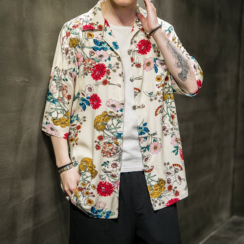 Chinese Style Men's Short Sleeved Flower Shirt Floral Print Beach Lapel Shirt Chinese Coil Button Tang Suit Top Coat