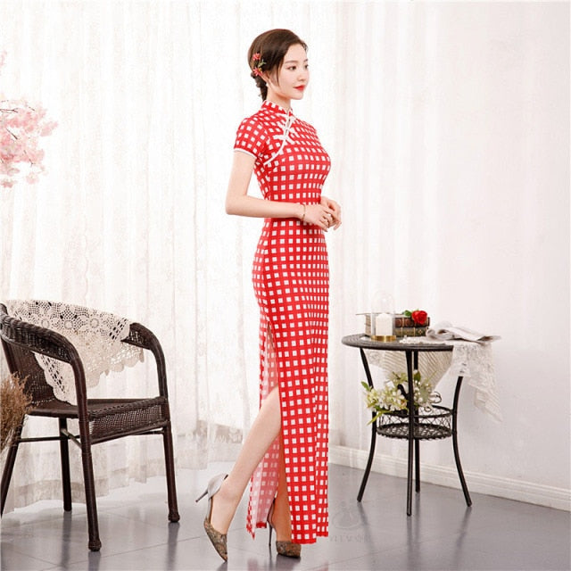 2021 Summer Long Cheongsam Sexy Thin Dress Floral Slim Vintage Plus Size Plaid Dresses Qipao S To 6XL Green Blue