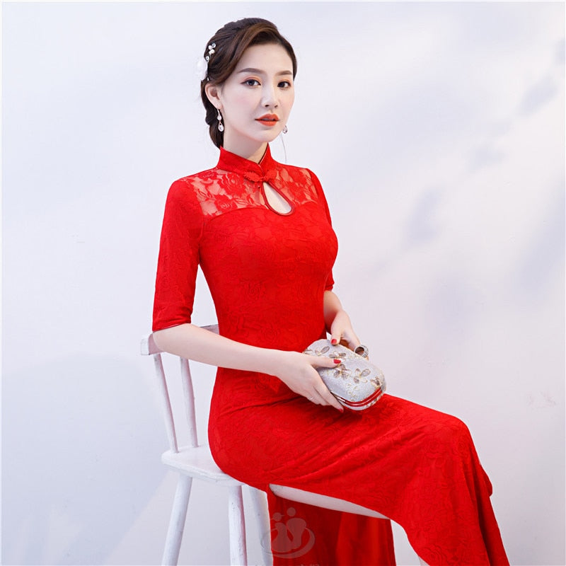 Vestido Cheongsam nuevo para mujer, disfraz elegante para espectáculo, vestidos largos, Qipao de estilo chino de media manga de talla grande, vestido de novia rojo para mujer