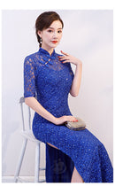 Vestido Cheongsam nuevo para mujer, traje de espectáculo de encaje con lentejuelas rojas, vestidos largos, vestido de boda ajustado Qipao de estilo chino, azul y negro