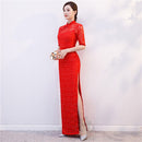 Vestido Cheongsam nuevo para mujer, traje de espectáculo de encaje con lentejuelas rojas, vestidos largos, vestido de boda ajustado Qipao de estilo chino, azul y negro