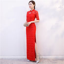 Vestido Cheongsam nuevo para mujer, traje de espectáculo de encaje con lentejuelas rojas, vestidos largos, vestido de boda ajustado Qipao de estilo chino, azul y negro