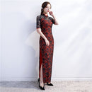 Vestido Cheongsam nuevo para mujer, traje de espectáculo de encaje con lentejuelas rojas, vestidos largos, vestido de boda ajustado Qipao de estilo chino, azul y negro