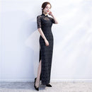 Vestido Cheongsam nuevo para mujer, traje de espectáculo de encaje con lentejuelas rojas, vestidos largos, vestido de boda ajustado Qipao de estilo chino, azul y negro