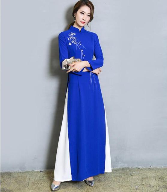 Chinese Style Stand Collar Stitching Contrast Color Hem Temperament Qipao Improved Ladies Literary Banquet Elegant Dress