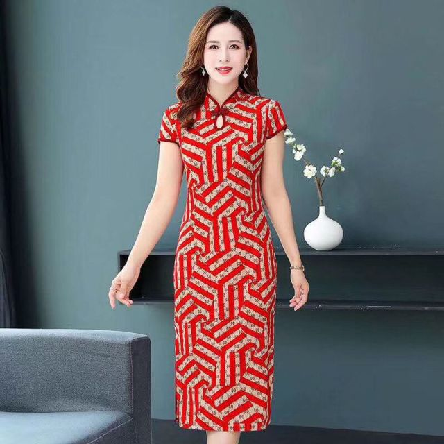 New Women Cheongsam Vintage Plus Size Dress Female Mid Long Dresses Costume Qipao for Mother XL To 5XL