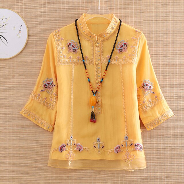 High-end Summer Chinese Style Embroidery Floral Organza Blouse Shirt Women Fashion Elegant Loose Lady Shirt Top S-XXL