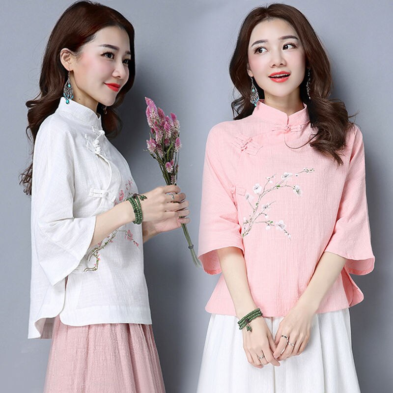 Summer Chinese Style Women's Retro Shirts Stand Collar Buckle Loose Cotton and Linen National Women Blouse Top Plus Size