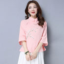 Summer Chinese Style Women's Retro Shirts Stand Collar Buckle Loose Cotton and Linen National Women Blouse Top Plus Size