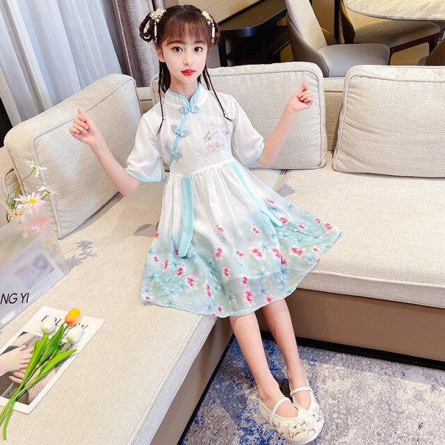 Sommerkleid für Mädchen, 2021 Neuer Kinderrock Cheongsam Chiffon-Prinzessinkleid