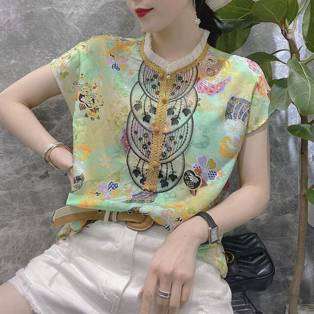European Style Women Floral Shirt Summer Short-sleeved Chiffon Stand Collar Lace Top Lady Fashion Vintage Shirt and Blouse