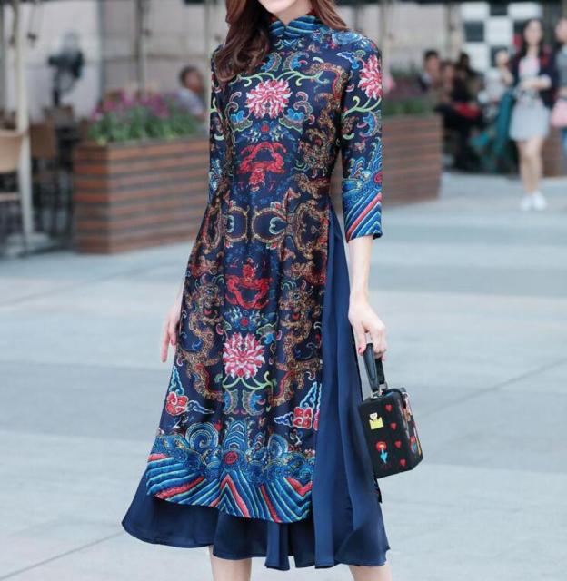 Frühlingsverbesserter Retro-Druck, kontrastfarbenes Nähen, mittellanges Cheongsam-Kleid im chinesischen Stil, Damen-Tageskleid
