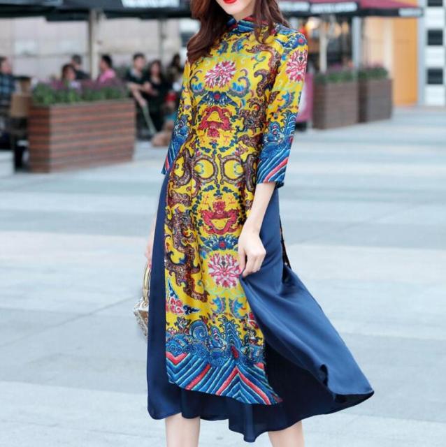 Frühlingsverbesserter Retro-Druck, kontrastfarbenes Nähen, mittellanges Cheongsam-Kleid im chinesischen Stil, Damen-Tageskleid