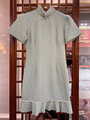 Cheongsams chinos mejorados de verano para chicas jóvenes, vestido Floral de manga corta para mujeres, vestidos de estudiantes con volantes de satén Jacquard