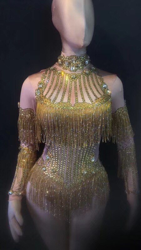 ¡Novedad de 2021! Body Sexy con borlas de diamantes de imitación dorados intermitentes para mujer, traje de escenario con diamantes de imitación para fiesta de cumpleaños, ropa para espectáculo de baile en club nocturno