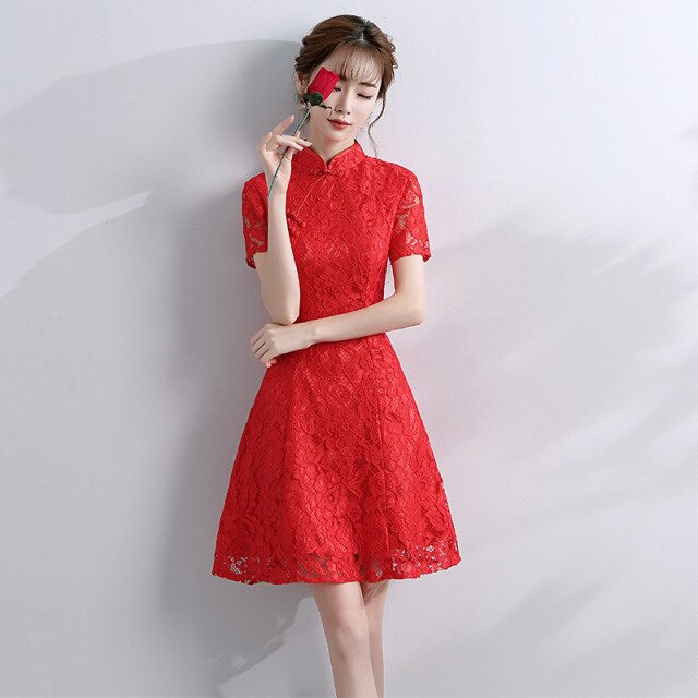 2021 Fashion Women Retro Temperament Improved Cheongsam Daily Wear Spring Summer Champagne Lace A-line Dress