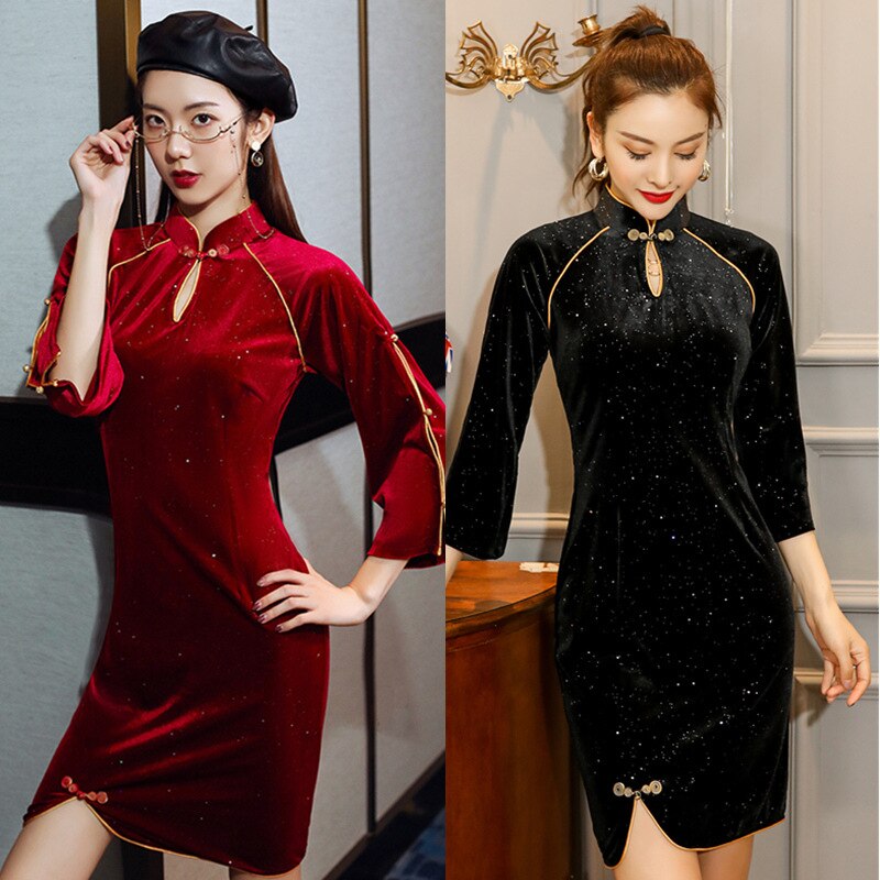 New 2021 Velvet Cheongsam Retro Chinese Style Young Modified Cheongsam Dress Banquet Dress B433