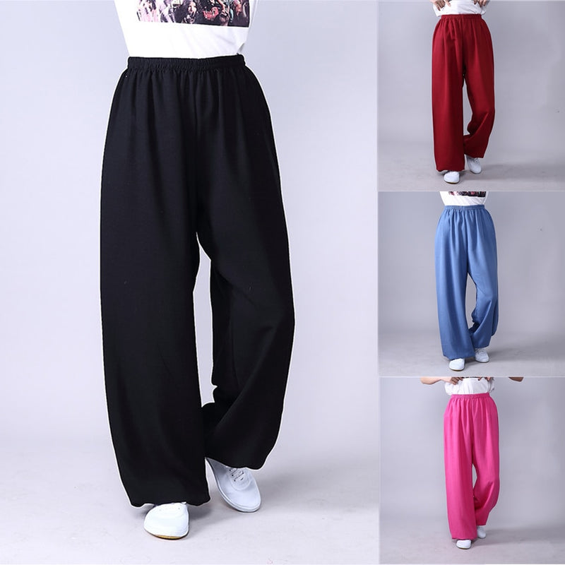 Ropa de kungfú Unisex para adultos, pantalones de Tai Chi Wushu de lino de talla grande, pantalones de Yoga elásticos para artes marciales para mujer, ropa para ejercicio matutino