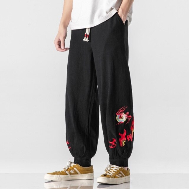 Zen Tea Men Chinese Style Embroidery Kung Fu Harem Pants Vietmam Japanese Fashion Sports Casual Trousers Dance Streetwear KK3539