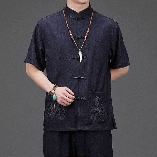 Tang-Anzug Männer Sommerkleidung ältere Kleidung Baumwolle und Leinen im chinesischen Stil Kurzarm-Anzug Leinen Flut