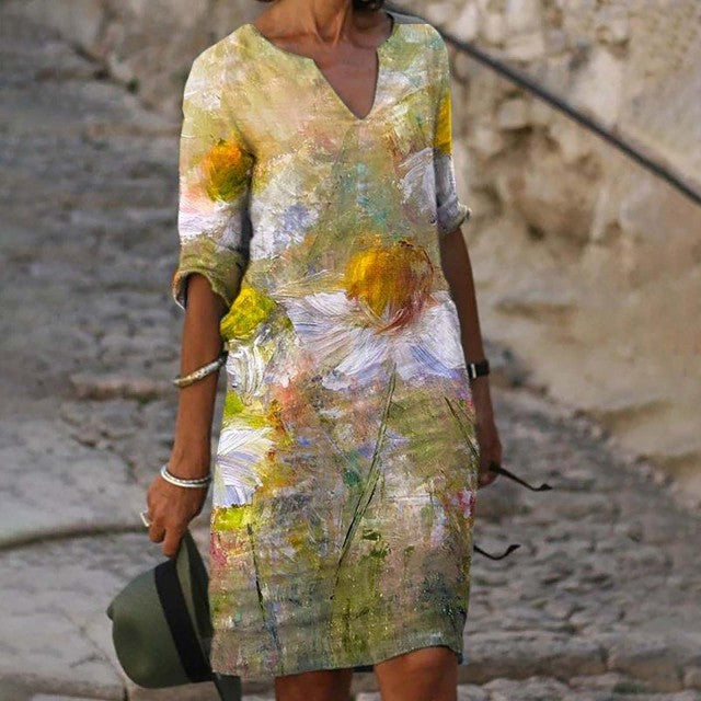 Frauen Casual Kleid mit geometrischem Druck Vintage bedruckt V-Ausschnitt Knielänge gerade Kleider Sommer Kurzarm Kleider Plus Größe