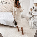 DICLOUD Beige suéter vestido mujer nuevo otoño elástico manga larga cuello en V elegante hueco Midi vestidos de fiesta de punto moda nuevo