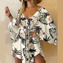 2021 Summer Women Elegant Dresses Sexy V Neck Lace-up Floral Print Mini Dress Casual Flared Sleeves Irregular Ladies Party Dress