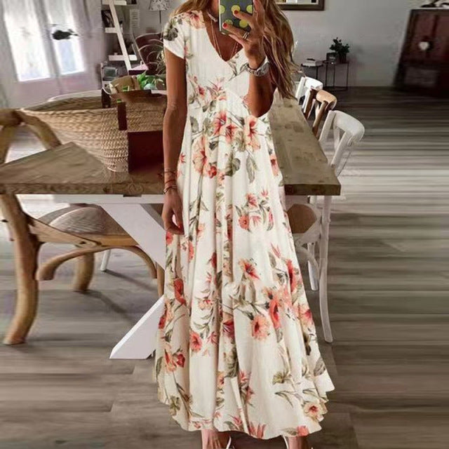 Elegante Sommerkleider mit V-Ausschnitt für Damen, lässige Kurzarmkleider, besticktes, schlankes, langes Kleid, Vintage-Kleid mit Kordelzug
