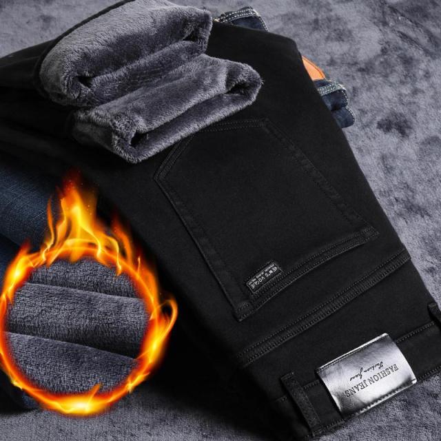 2021 Winter Jeans Men Black Slim Fit Stretch Thick Velvet Pants Warm Jeans Casual Fleece Trousers Male Plus Size