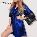 Plus Size Fashion Sexy Lace Satin Sleepwear Women Ladies Night Dress Lingerie Nighties V-neck Nightdress Lace Up Loose Nightgown