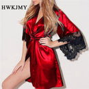 Plus Size Fashion Sexy Lace Satin Sleepwear Women Ladies Night Dress Lingerie Nighties V-neck Nightdress Lace Up Loose Nightgown