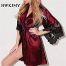 Plus Size Fashion Sexy Lace Satin Sleepwear Women Ladies Night Dress Lingerie Nighties V-neck Nightdress Lace Up Loose Nightgown