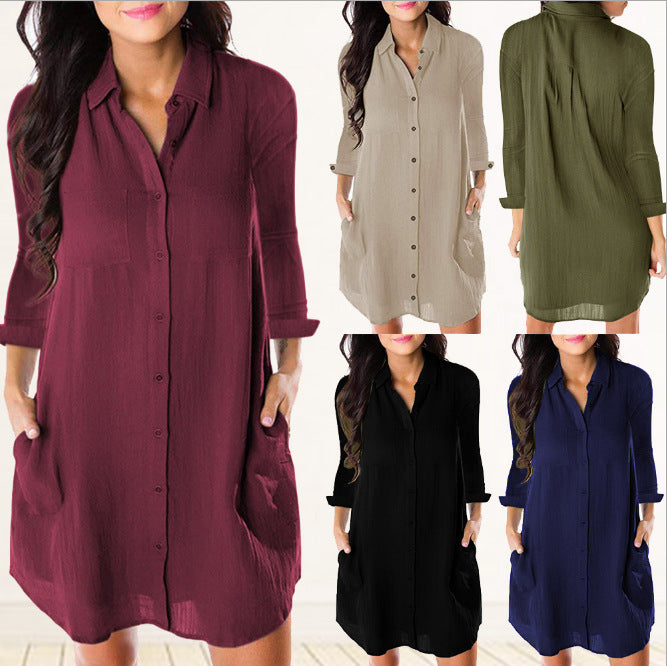 Solid color pocket loose casual long sleeve shirt dress Women Loose Solid Dresses Turn Down Casual Ladies Office Shirt Dresses