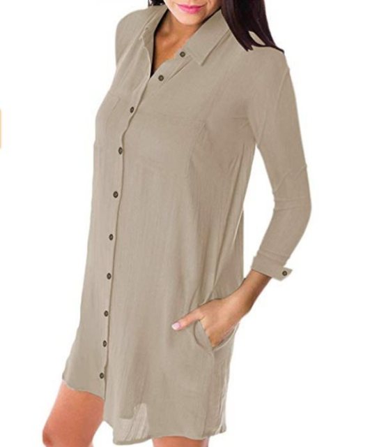 Solid color pocket loose casual long sleeve shirt dress Women Loose Solid Dresses Turn Down Casual Ladies Office Shirt Dresses
