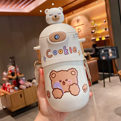 Nueva botella termo de oso Kawaii de 500 ML, botella de agua con pajita para niños, botella de bebida térmica aislada de acero inoxidable para estudiantes y niñas