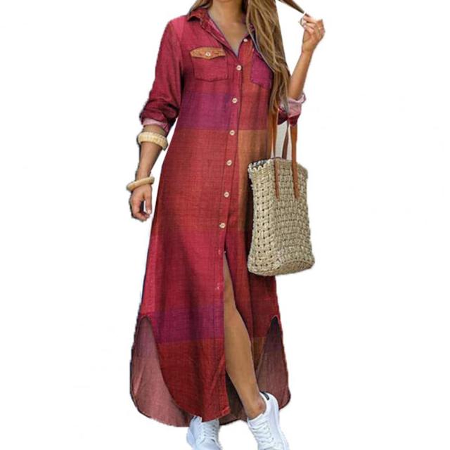 Moda mujer camisa de manga larga vestido de un solo pecho impreso suelto Maxi vestido de camisa para fiesta vestido largo Vestidos verano otoño