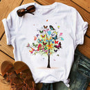 Woman Butterfly Tree Print Harajuku Summer Tshirts Casual Round Neck Short Slee Top Tee Shirt Women Black T-shirt Drop Ship