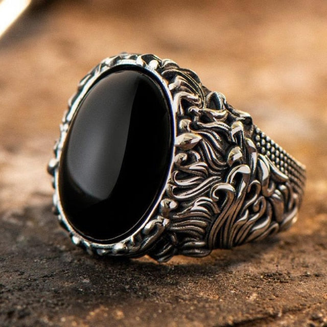 Schwarzer Onyx Stein Retro handgemachter türkischer Herrenring Vintage aushöhlen Blumenmuster Ring Punk 2021 Trendy Schmuck Geschenk für Ihn