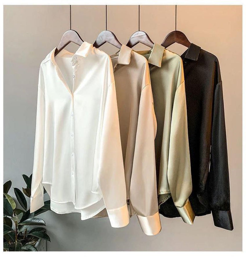Autumn Fashion Button Up Satin Silk Shirt Vintage Blouse Women White Lady Long Sleeves Female Loose Streetwear Shirts 1214