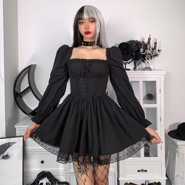 Mini vestido de chica mala gótica negra de princesa Lolita japonesa, vestido Kawaii de cintura alta con mangas abullonadas y volantes de encaje, bata de fiesta blanca para mujer