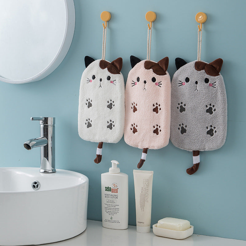 1 x super saugfähige hängende Art Katze besticktes Towelette Home Decora Dual Purpose Coral Velvet Handtuch Badezimmerzubehör