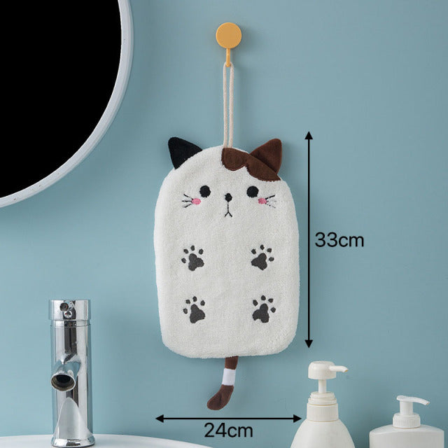 Toallita bordada de gato tipo colgante superabsorbente, 1 Uds., decoración del hogar, doble propósito, toalla de mano de terciopelo Coral, suministros de baño