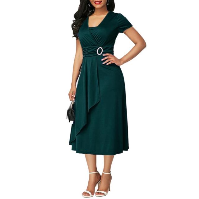 Plus Size Elegant Damen Einfarbig Kurzarm V-Ausschnitt Asymmetrischer Saum Taille Enges Midi Partykleid Damen Abend Vestidos